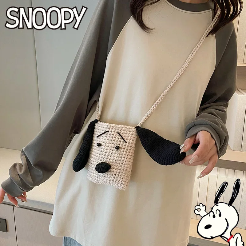 Snoopy Rajzfilm Gyapjú Kötés Válltáska Nők Aranyos Hordozható Kis Kors Táskák Nő, Mobiltelefon, Pénztárca Tároló Tasak Ajándék