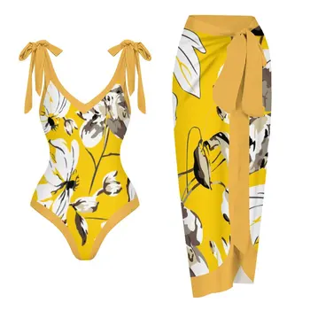 2023 Női Fürdőruha Fedezi fel Fürdőruha Retro Virágos Nyomtatott Mély V egyrészes Kimonó Bikini Öltöny Nyári Strand Viselet