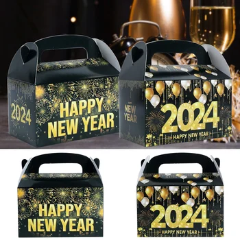 4db Új Év díszdobozban Fekete Arany New Year Party Kellékek Ajándék, Édesség Csomagolás Kezelésére Táskák Boldog Új Évet Party Dekoráció 2024