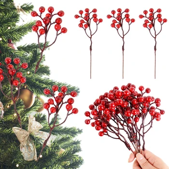 5db Karácsonyi Mesterséges Bogyós Ág Piros Holly Bogyós Növények, karácsonyfa Díszek Haza Esküvő Karácsony DIY Koszorú Kézműves