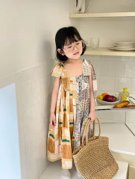 A Lányok Dress 2023 Nyáron Új Divatos Koreai Stílus Lányok Hűvös Ünnep Stílusok Teljes Print Rakott Strand Alkalmi Egyszerű Ruha