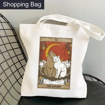 A nők Shopper táskát A Szerelmesek macska Tarot Nyomtatott Táska Harajuku Vásárolni, Vászon Bevásárló Táska lány táskát Cipel Vállán Hölgy Táska