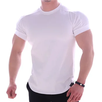 A2937 a Férfiak Nyári póló Magas Rugalmas Slim Fit Tshirt a Férfiak Gyorsan száradó Ívelt Hem Mens T-Ing egyszínű 3XL