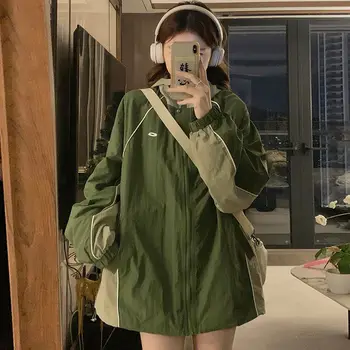 Deeptown Vintage Zöld Kabát Széldzseki Nők Túlméretes Kapucnis Cipzáras Fel Koreai Streetwear Szabadtéri Jacekts Őszi Téli Outwear