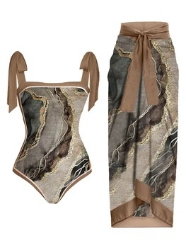 Elegáns Női Barna Szemű Hullám Nyomtatási Szíj Design, Egy darabból Bikini Fürdőruha, Hosszú Fedezze Fel Nyaralni Úszás Nyaralás