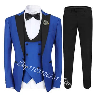 Férfi Öltönyök Royal Kék Esküvői Ruhák Férfiaknak Násznagyok Csúcs Hajtóka Elegáns Design 3 Db Szmoking Slim Fit Terno Masculino