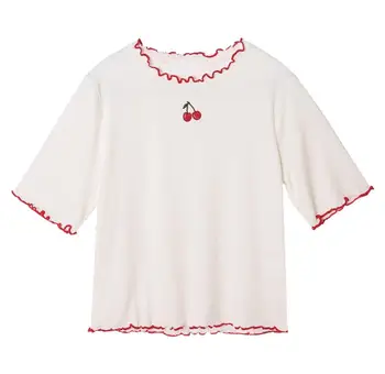 Főiskolai stílus aranyos cseresznye hímzett o nyak vékony illeszkedő fa füle oldalon rövid ujjú T-shirt