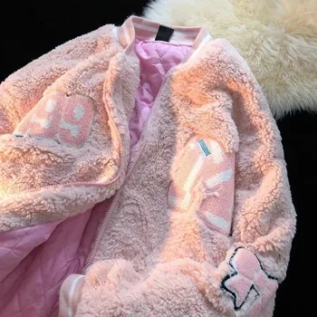 Japán Rózsaszín Rajzfilm Íj Csomós Hímzés Kawaii Bárány Gyapjú Kabát Vastag Pamut Zubbonyok Kabátok Meleg Téli Kezeslábas Koreai Trendi