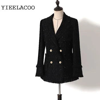 Kabát női tweed 2020-as tavaszi / őszi / téli női kabát új női fekete csillogó bojt durva tweed zakó