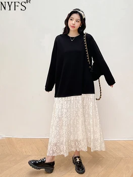 NYFS 2023 Őszi Új Koreai Nő Ruha Vestidos Köntös Elbise Laza Plus Size Patchwork Csipke Hosszú Ujjú, Hosszú Ruhák