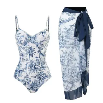 Női Fürdőruha, Egy darabból Karcsúsító Bikini Wrap Szoknyák virágmintás Bikini 2 Db Has Vezérlő V-Nyak Fürdőruha Fodros Ruha