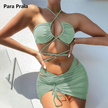 Para Praia 3 Db Kereszt Pántos Bikini Szett 2023 Szoknya, Fürdőruha Nők Magas Derék Összehúzható Kötést Fürdőruha Nyári Biquini