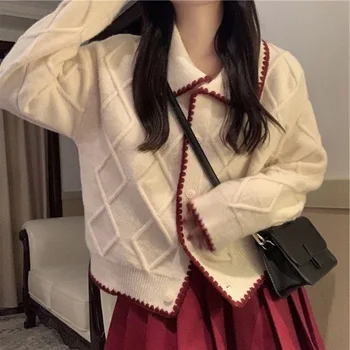 Puha viaszos pulóver kabát női 2023 őszi-téli koreai laza kontraszt szín hajtóka, hosszú ujjú, kötött kardigán, felső női