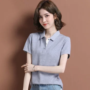 Ruházat Gomb Polo Nyak Pólók Női Rövid Ujjú Póló Egyszerű T-shirt Nő Poliészter Új Felsők Kiváló Minőségű koreai Stílus V