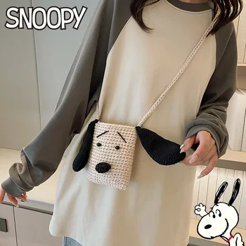 Snoopy Rajzfilm Gyapjú Kötés Válltáska Nők Aranyos Hordozható Kis Kors Táskák Nő, Mobiltelefon, Pénztárca Tároló Tasak Ajándék
