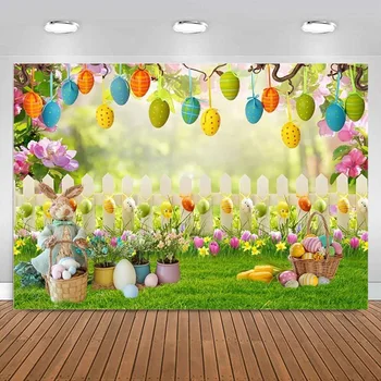 Tavaszi, Húsvéti Hátteret Húsvéti Nyúl Színes Tojásokat Kerítés Fű Fal Fotózás Háttér Boldog Húsvéti Fél Zászló Dekoráció