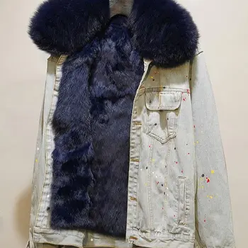 Téli 2023 új bársony vastag farmer kabát női divat nagy róka szőrme galléros kabát koreai laza alkalmi jean kabát, női