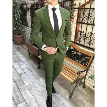 Zöld Üzleti Öltönyök Esküvő Vőlegény Szmoking Testre Násznagyok Attires Jelmez Homme (Kabát+Nadrág)