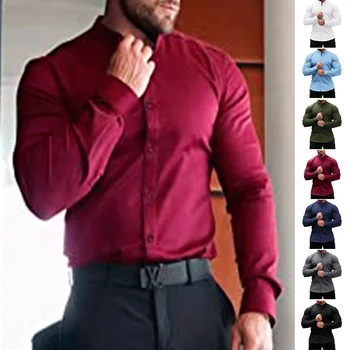 Új őszi-téli rugalmas erő nem-vas férfi hosszú ujjú üzleti alkalmi ing egyszínű mercerized függőleges póló