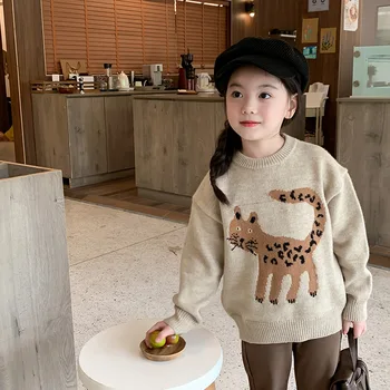 őszi téli lány pulóver koreai rajzfilm macskák pulóver, kötött pulóver leopárd kisgyermek gyerek ruha, gyapjú 3 8 év
