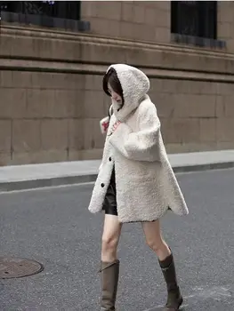 A koreai stílus Őszi Téli Női Szilárd Meleg műszőrme Kabátot Hölgy Elegáns Kapucnis Laza Bárány Bunda Divat Kabátok