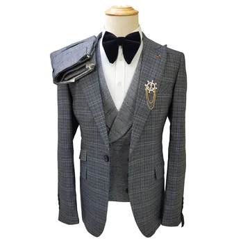 Egyéni Legújabb design Hivatalos szürke kockás esküvői ruhák férfi Divat vőlegény bál Blazer férfi slim fit szmoking jelmez homme 남자 양복